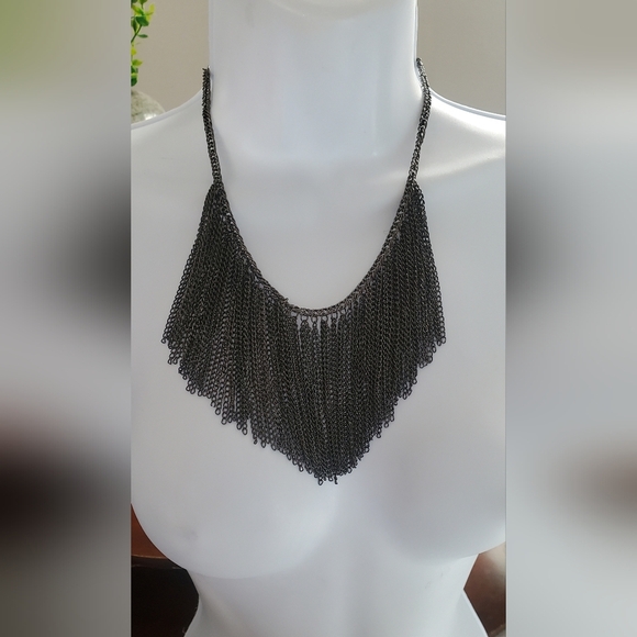 Vintage Black Fringe Drop Chain Steampunk Statement Art Deco Necklace - Picture 1 of 4